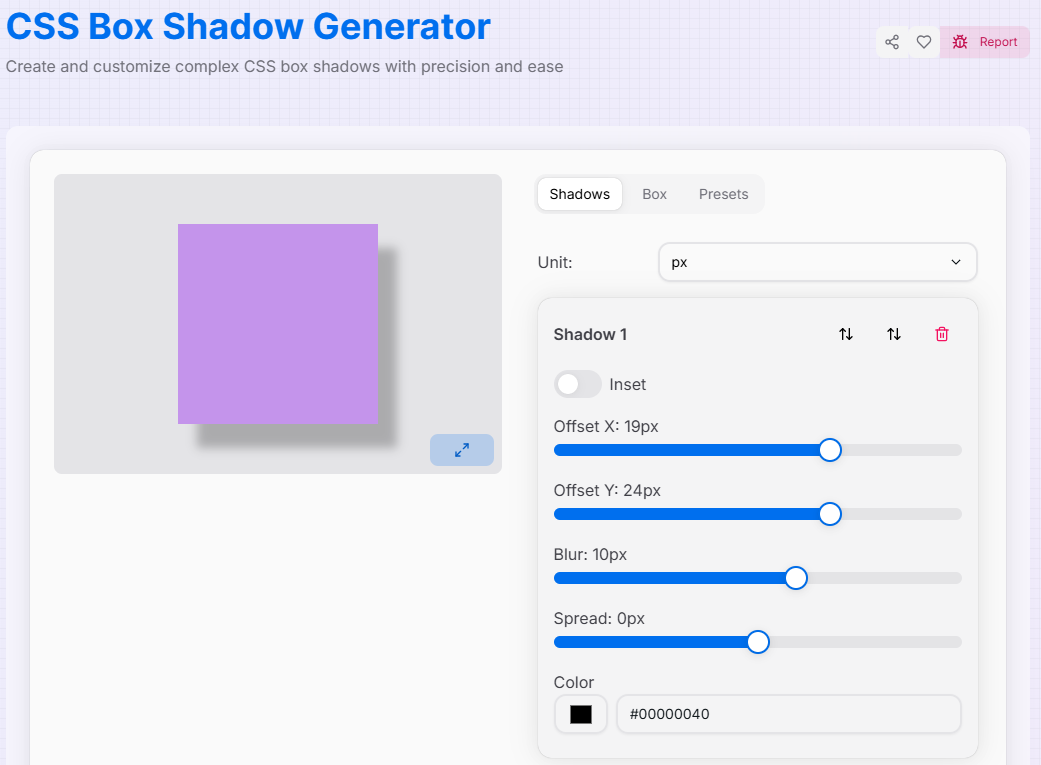 CSS Box Shadow Generator Interface Preview