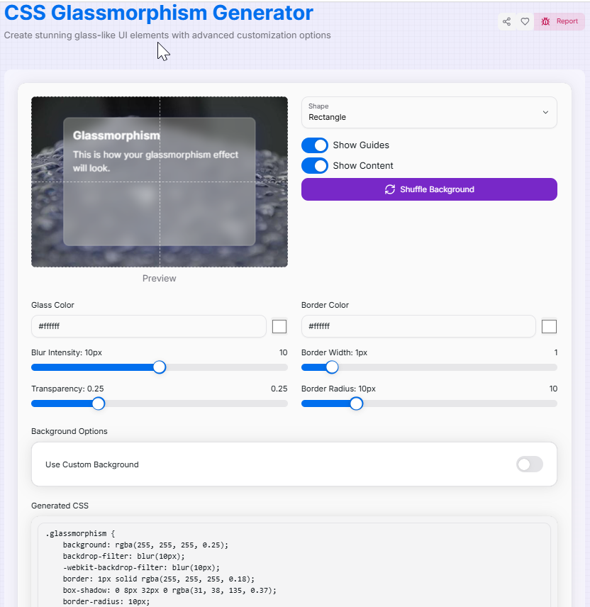 CSS Glassmorphism Generator Interface Preview