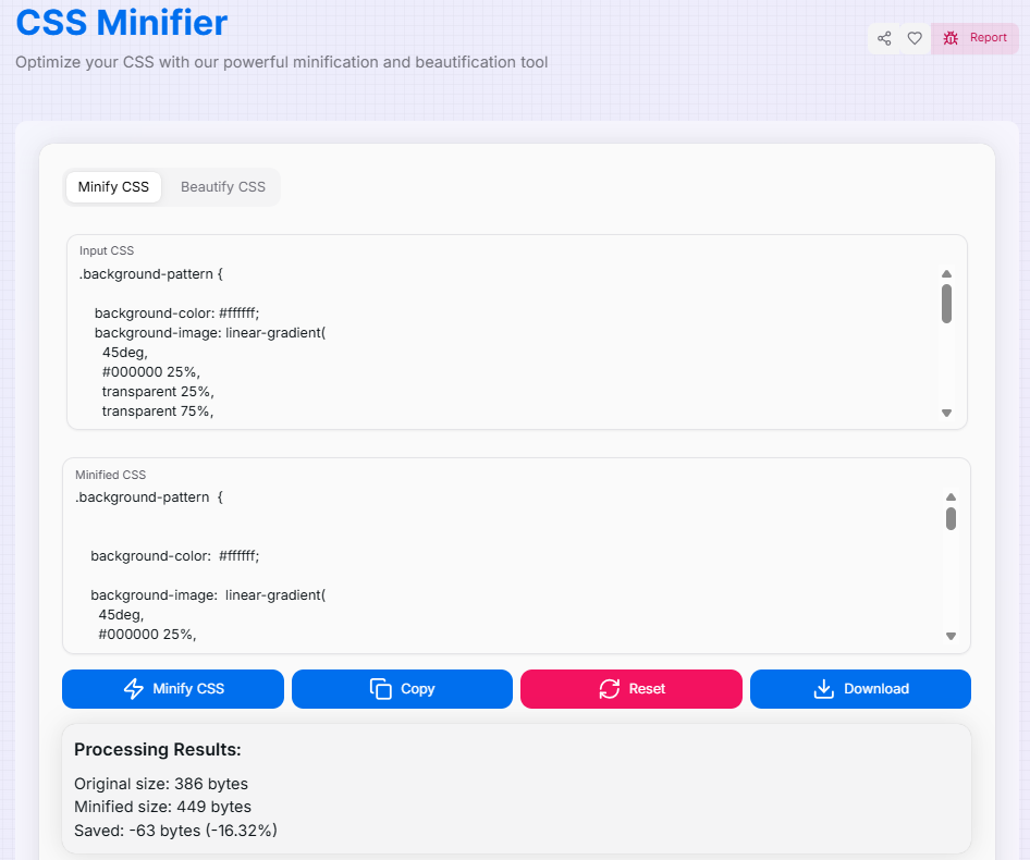 CSS Minifier and Beautifier Interface Preview