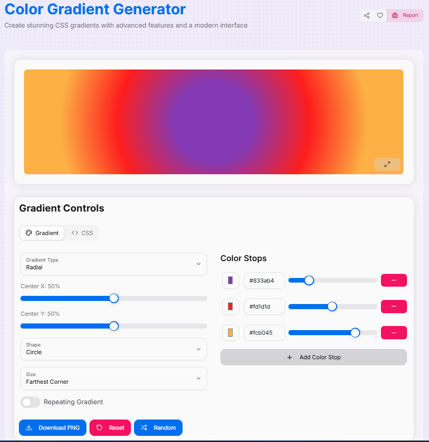 Color Gradient Generator Interface Preview showing gradient controls and preview