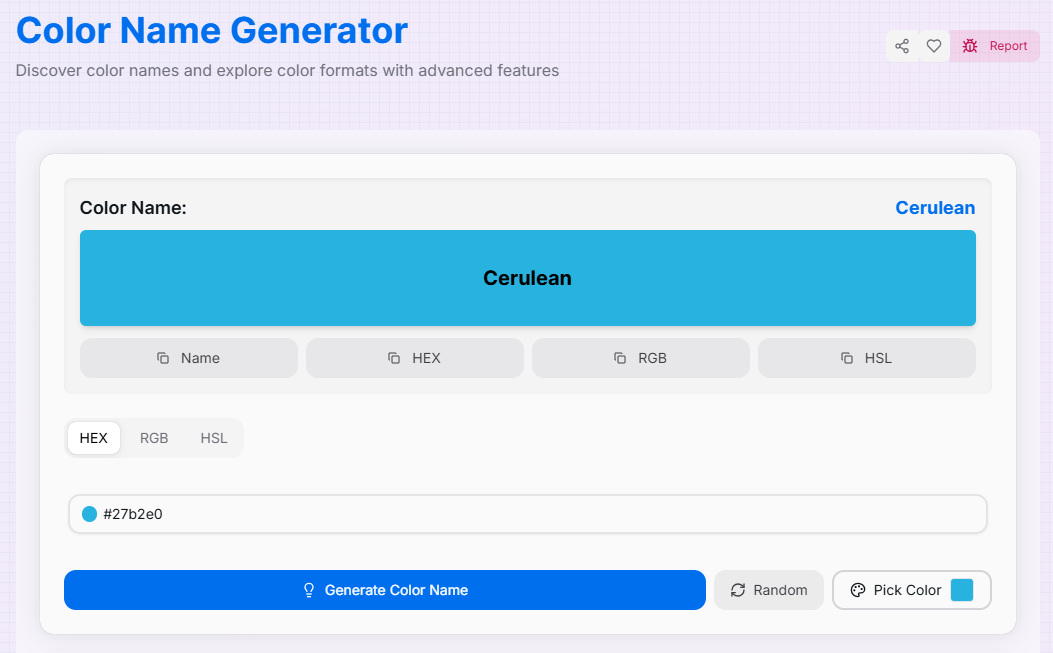 Color Name Generator interface showing color selection and name generation