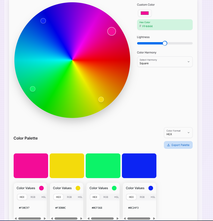 Interactive Color Wheel interface showing harmony selections and lightness controls