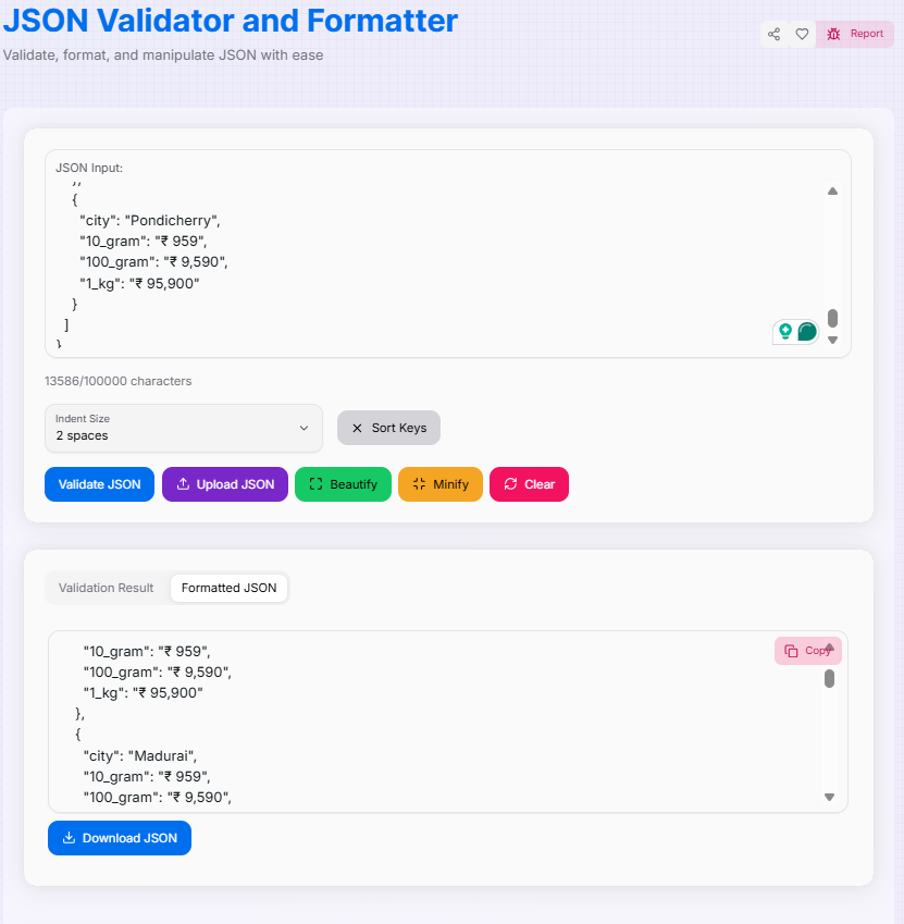 JSON Validator and Formatter Interface Preview
