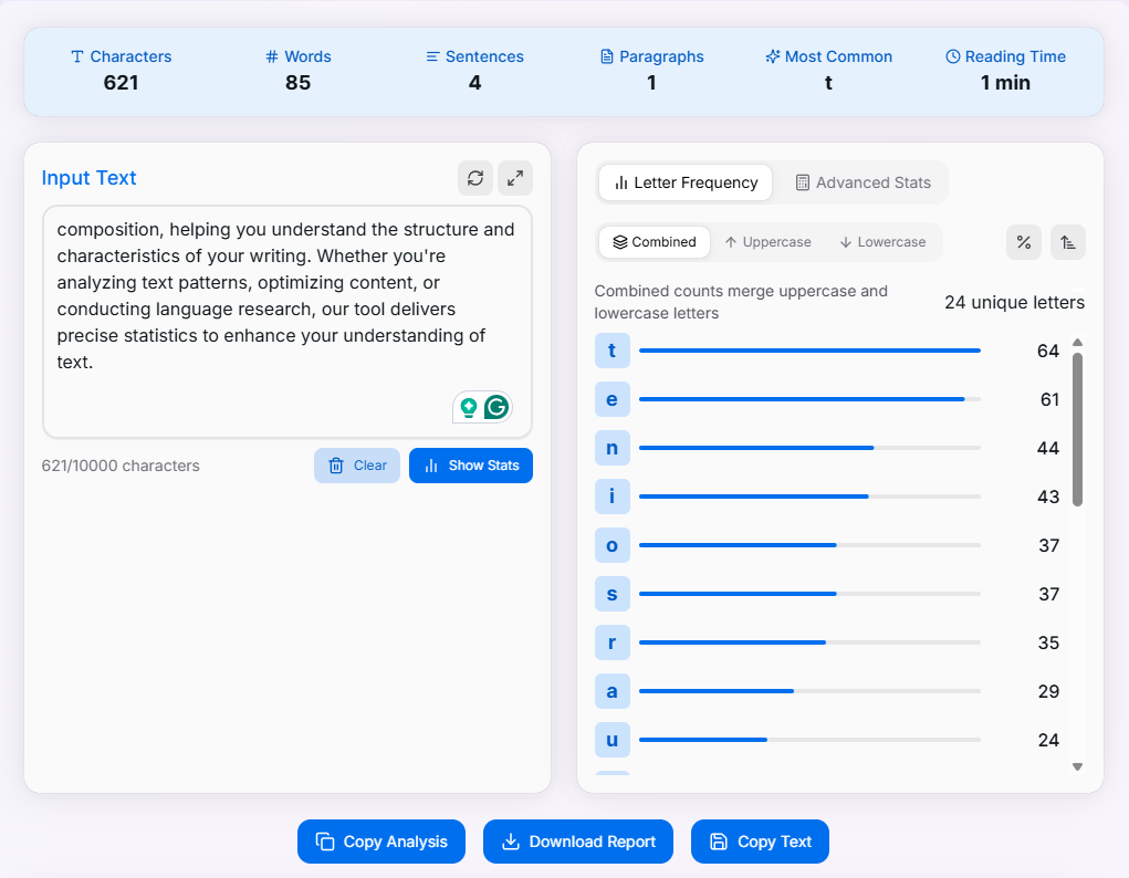 Letter Counter interface showing text input area and letter frequency analysis
