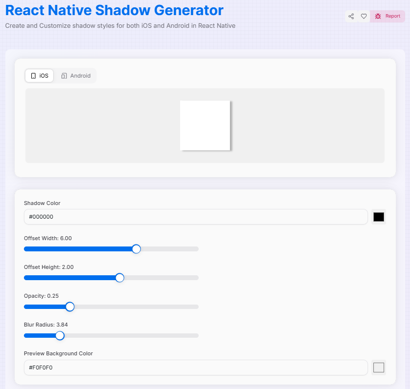React Native Shadow Generator Interface Preview