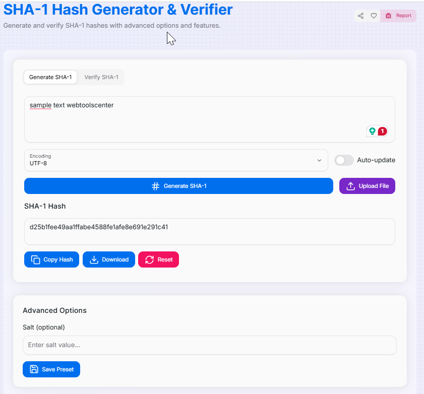SHA-1 Hash Generator Interface Preview