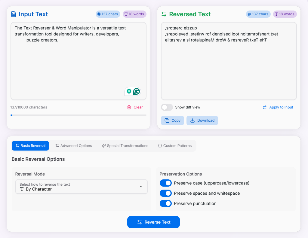 Text Reverser & Word Manipulator interface preview