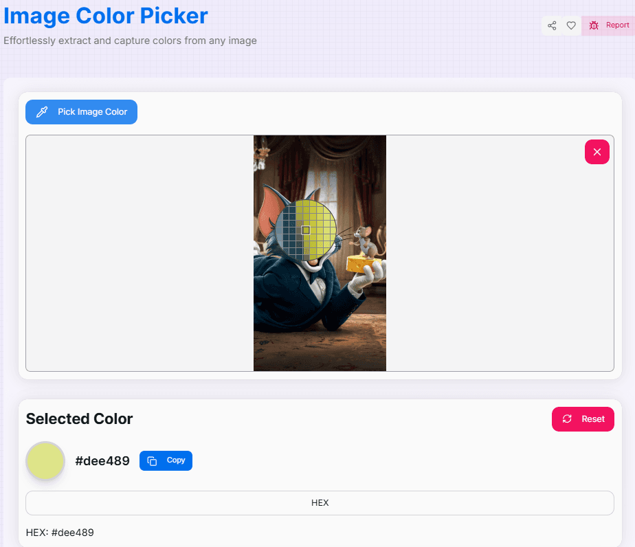 Screenshot of the Image Color Picker interface showing image upload area, color selection tools, and color analysis results