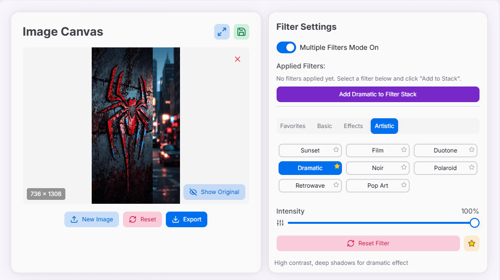 Screenshot of the Image Filters Tool interface showing various filters applied to an image