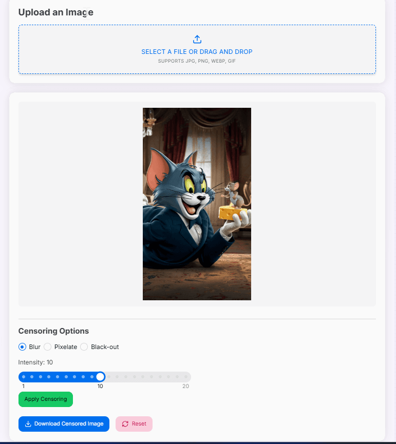 Screenshot of the Photo Censor Tool interface showing censoring options and a sample censored image